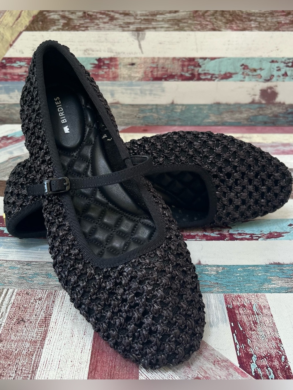 Birdies Hummingbird NWOB Women's Slip-On Ballet Flats Shoes W/Strap Black Sz 7.5